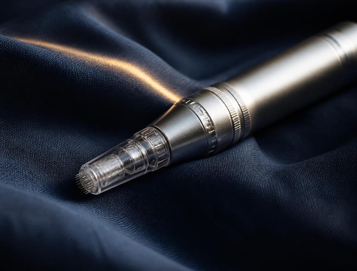 Stylo de microneedling posé sur un tissu bleu nuit